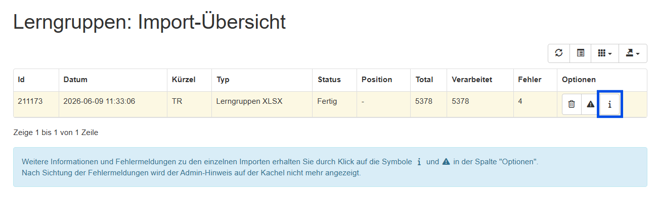 Anzeige des Infobuttons in der Importübersicht