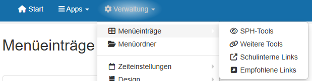 Menüfenster Verwaltung/Menüeinträge/SP-Tools