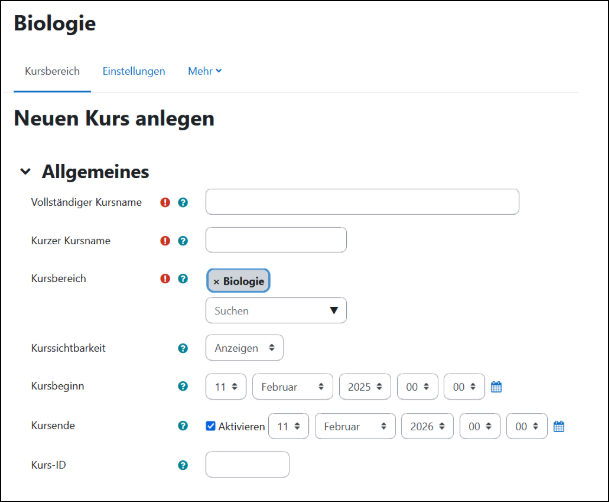 Vollständiger Kursname, kurzer Kursname, Kursbereich sind Pflichtfelder im allgemeinen Teil