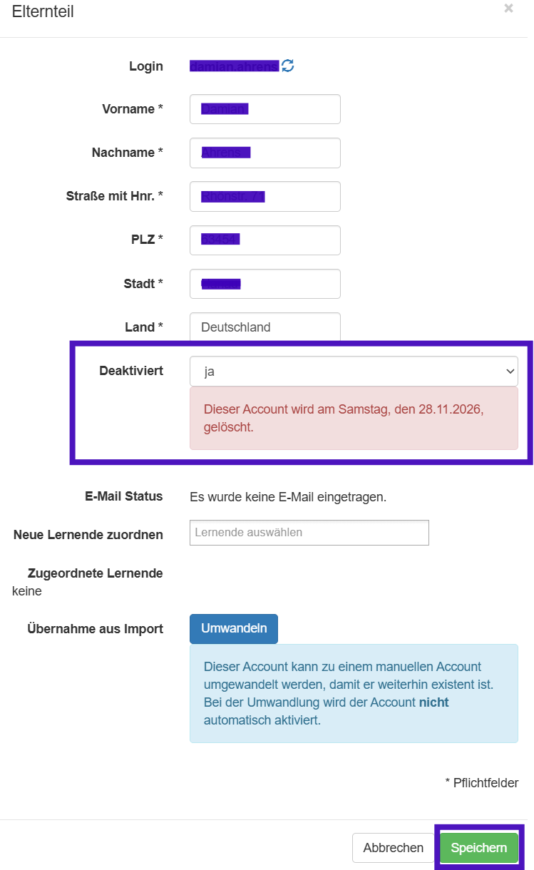 Reaktivierung eines Elternaccounts