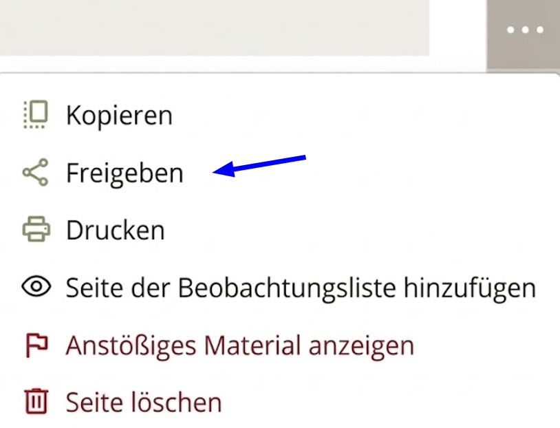 Screenshot zeigt die Menüübersicht bei Auswahl der drei Punkte im rechten Bereich mit „Freigeben“ an zweiter Stelle.