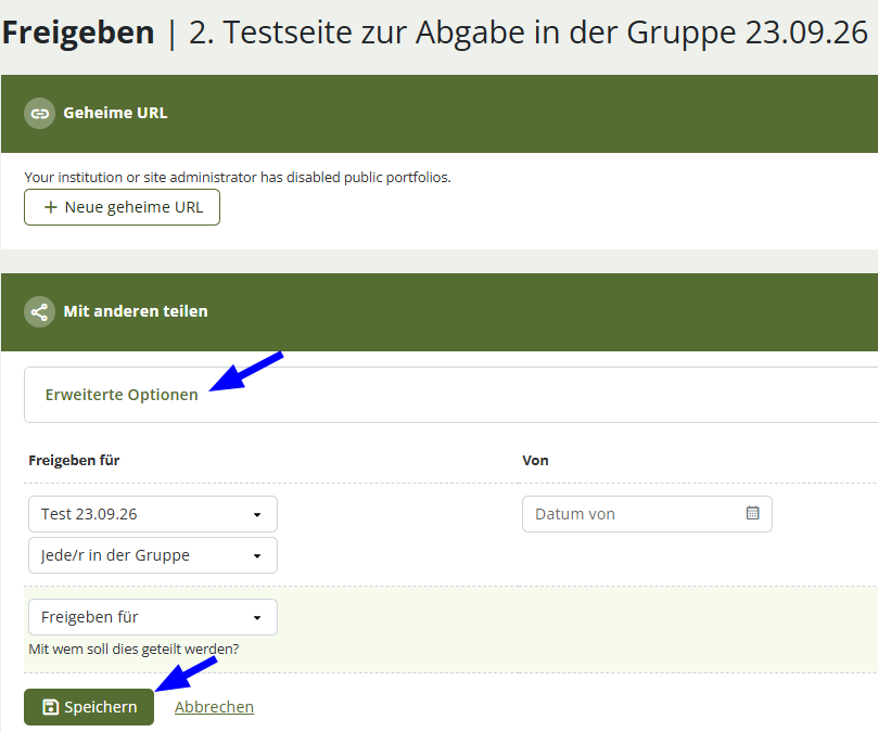 Screenshot zeigt erweiterte Optionen zum Freigeben.