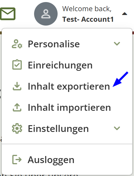 Screenshot zeigt Auswahlmenü oben rechts in dem „Inhalt exportieren“ an dritter Stelle ausgewählt werden kann.