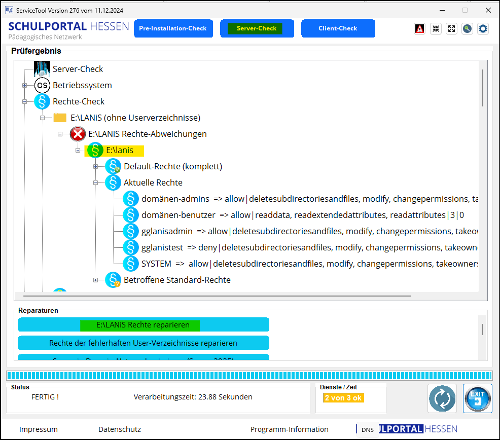 Programm "ServiceTool" / "Servercheck" / "LANiS Rechte reparieren"