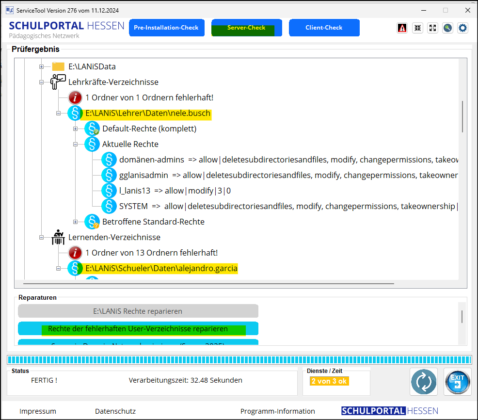 Programm "ServiceTool" / "Servercheck" / "Rechte der fehlerhaften Userverzeichnisse reparieren"