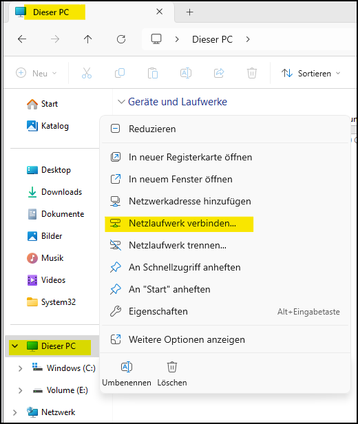 Windows-Explorer / Kontextmenü von "Dieser PC"