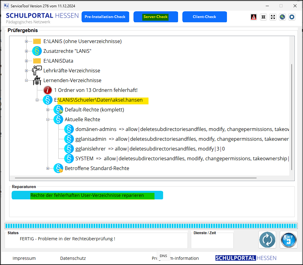 ServiceTool: "Rechte der fehlerhaften User-Verzeichnisse reparieren"