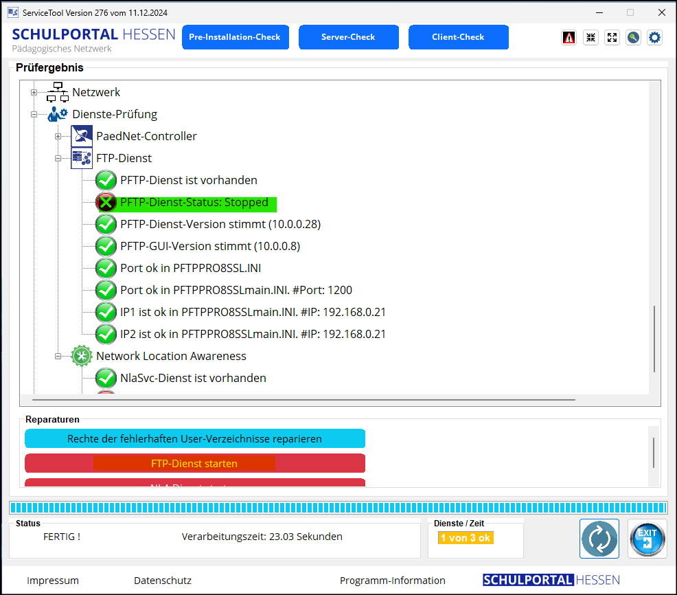 ServiceTool-Meldung zum PFTPPRO (2)