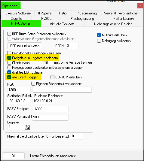 Fenster "Optionen" / Reiter "FTP-Optionen"