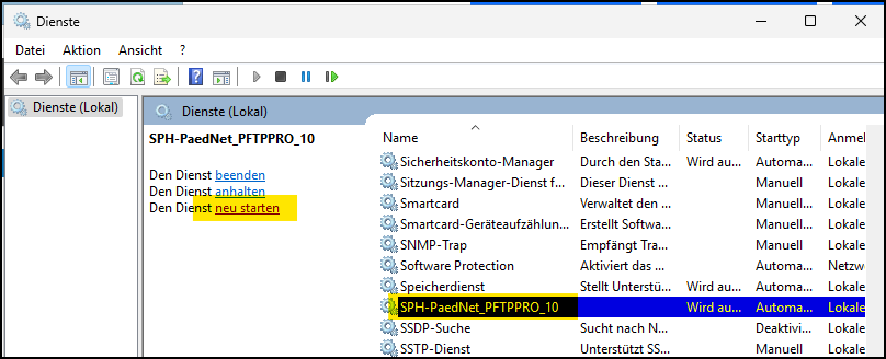 Im Fenster "Dienste": PFTPPRO-Dienst neu starten