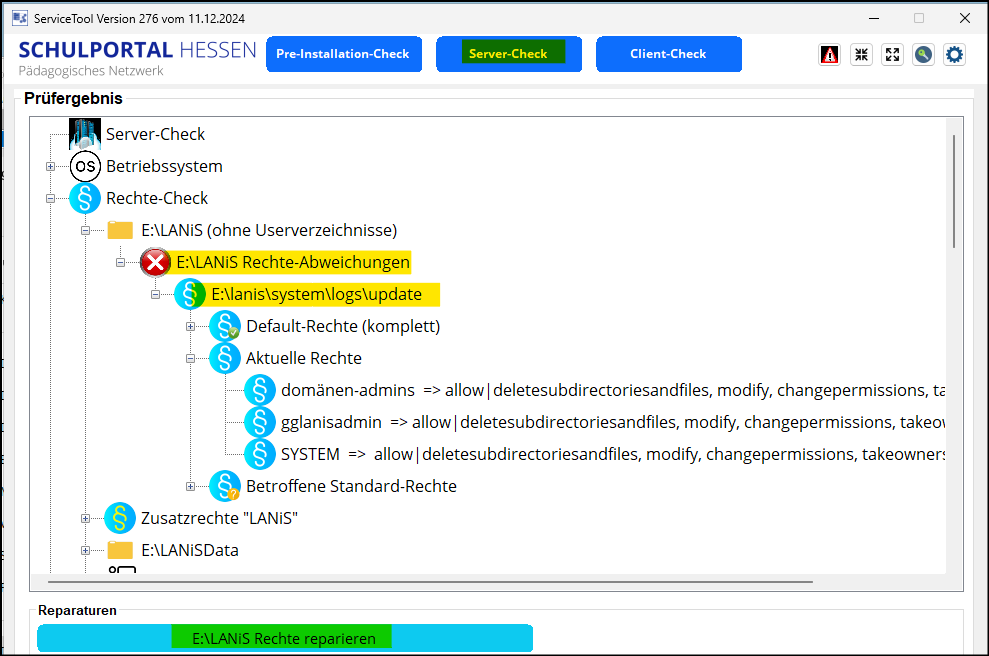 Rechte im Server-Check des ServiceTools reparieren