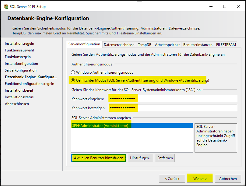 Fenster "SQL Server 2019-Setup" / "Datenbank-Engine-Konfiguration" Bereich "Authentifizierungsmodus"