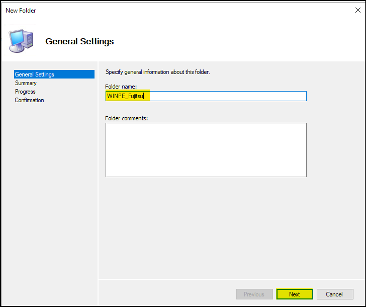 Fenster "New Folder" Bereich "General Settings"