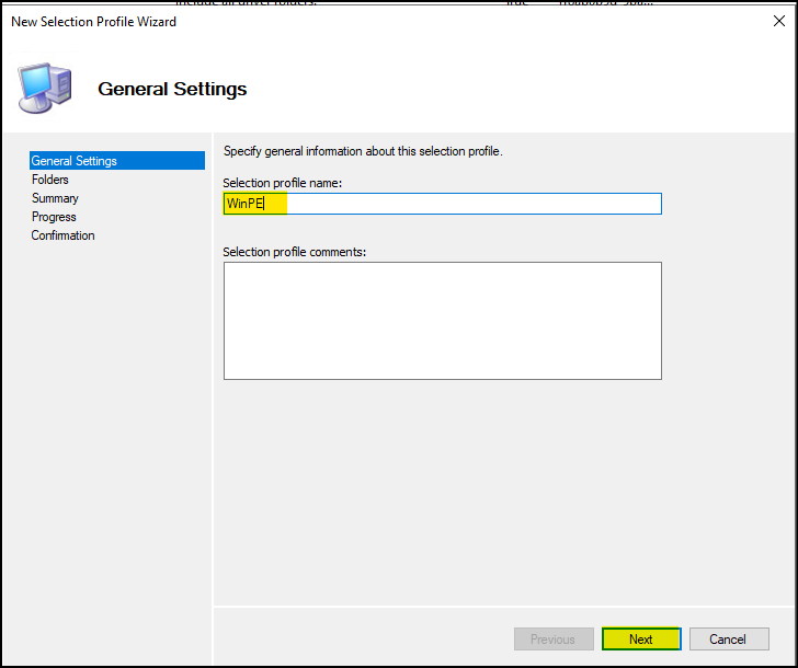 Fenster "New Selection Profile Wizard" Bereich "General Settings"