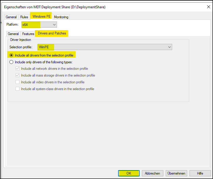 Fenster "Eigenschaften von MDT Deployment Share" Reiter "Windows PE" Platform "x64" Reiter "Drivers and Patches" 1
