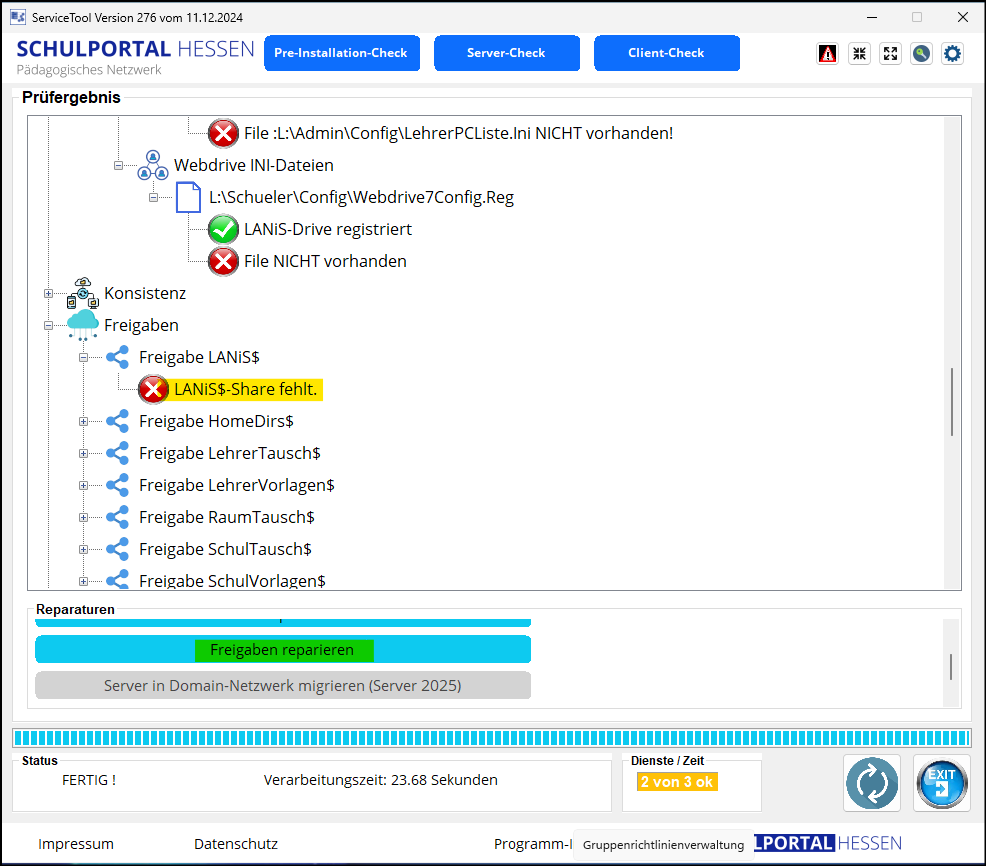 ServiceTool / Freigaben reparieren