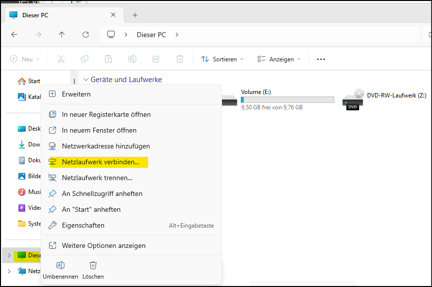 Windows Explorer / Dieser PC / Netzlaufwerk verbinden
