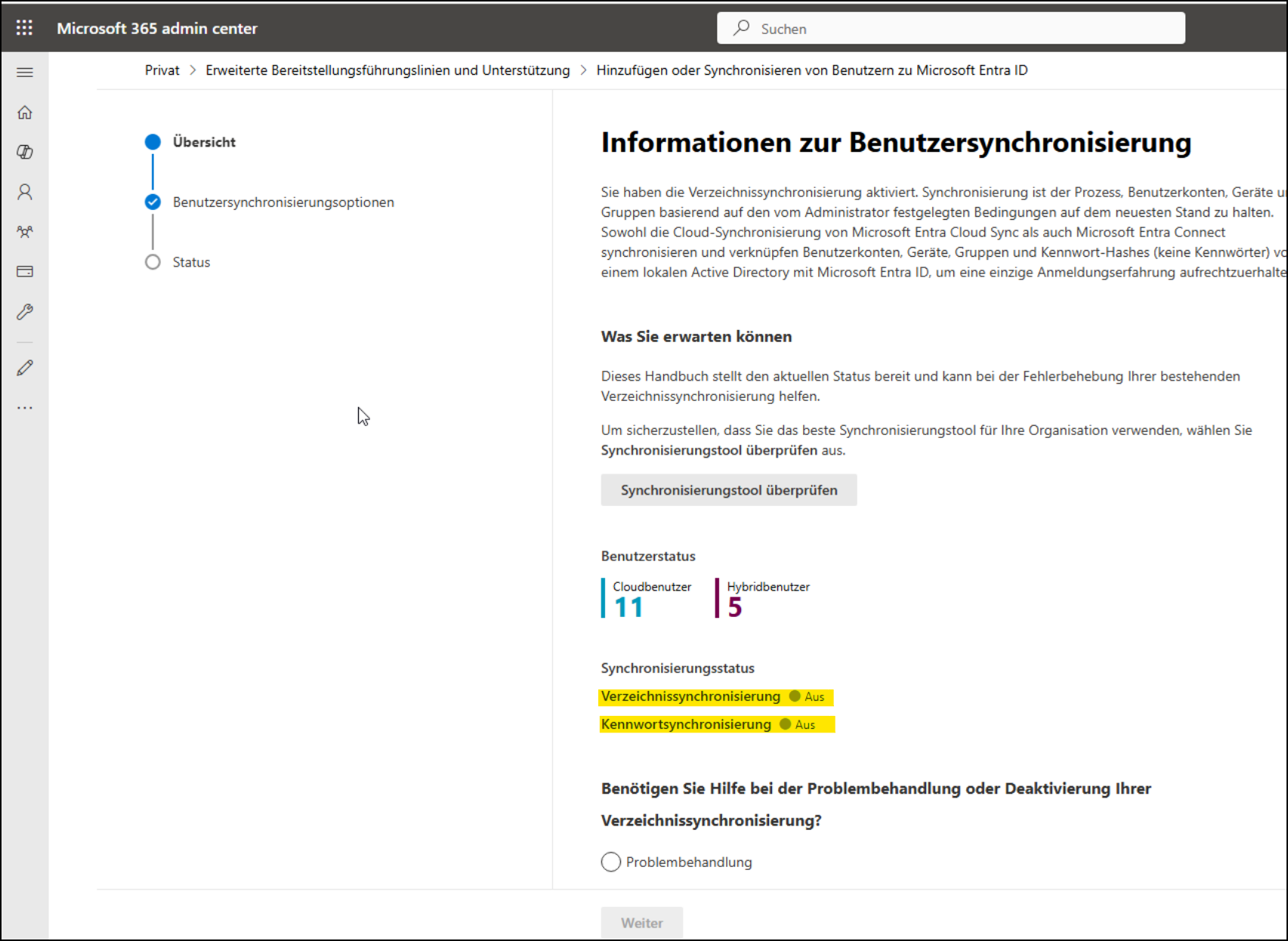 Microsoft 365 admin center / Informationen zur Benutzersynchronisierung