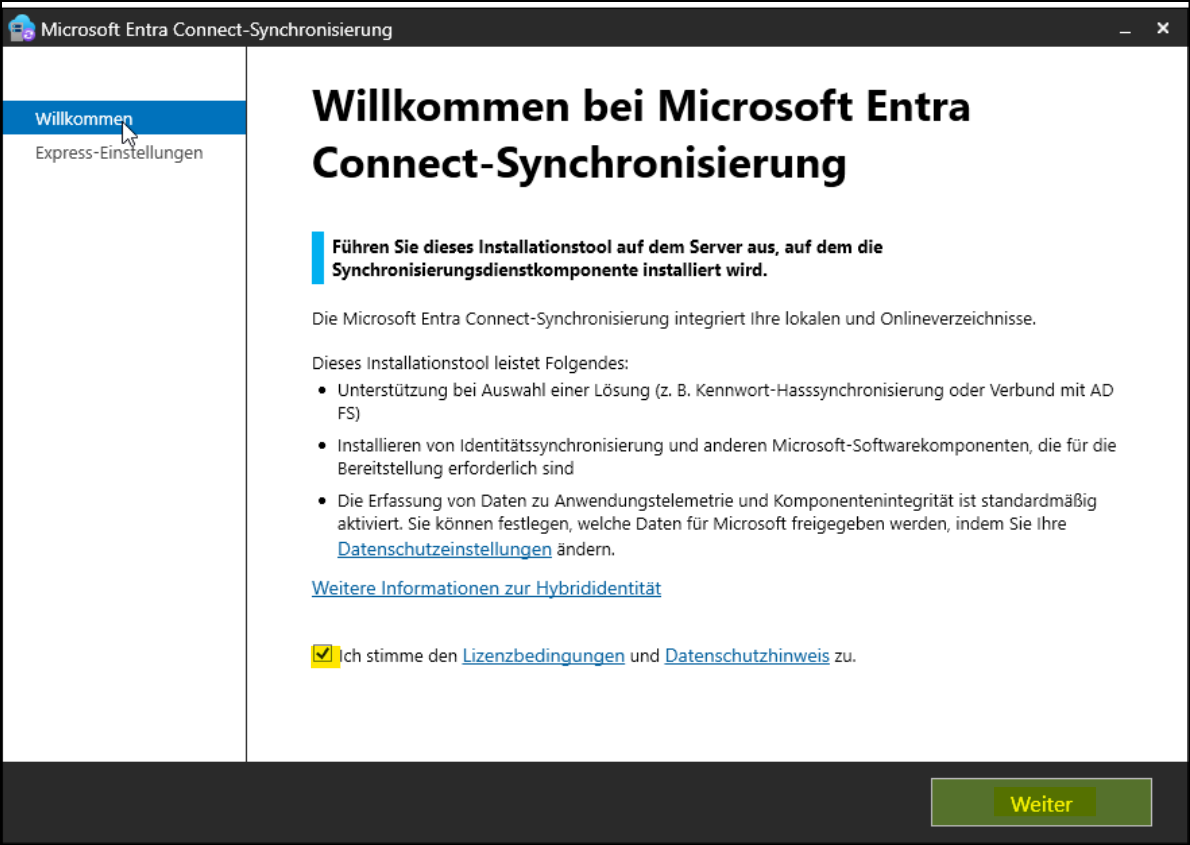 Programm "Microsoft Entra Connect-Synchronisierung" / Seite "Willkommen bei Microsoft Entra Connect Synchronisierung"