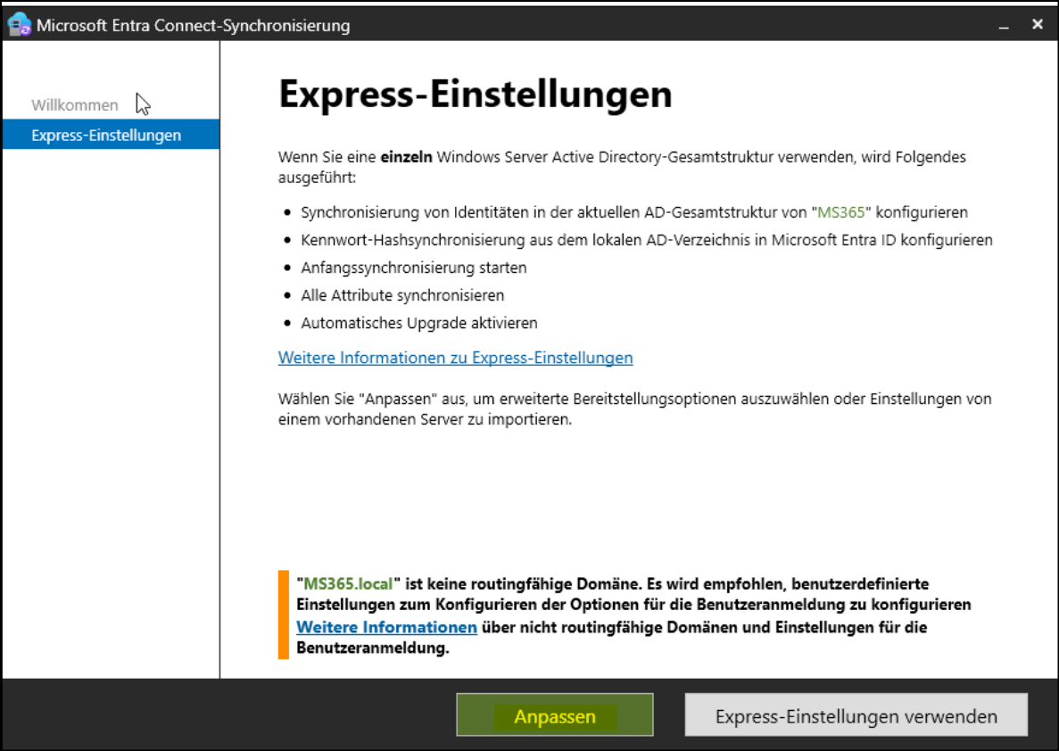 Programm "Microsoft Entra Connect-Synchronisierung" / Seite "Express-Einstellungen"