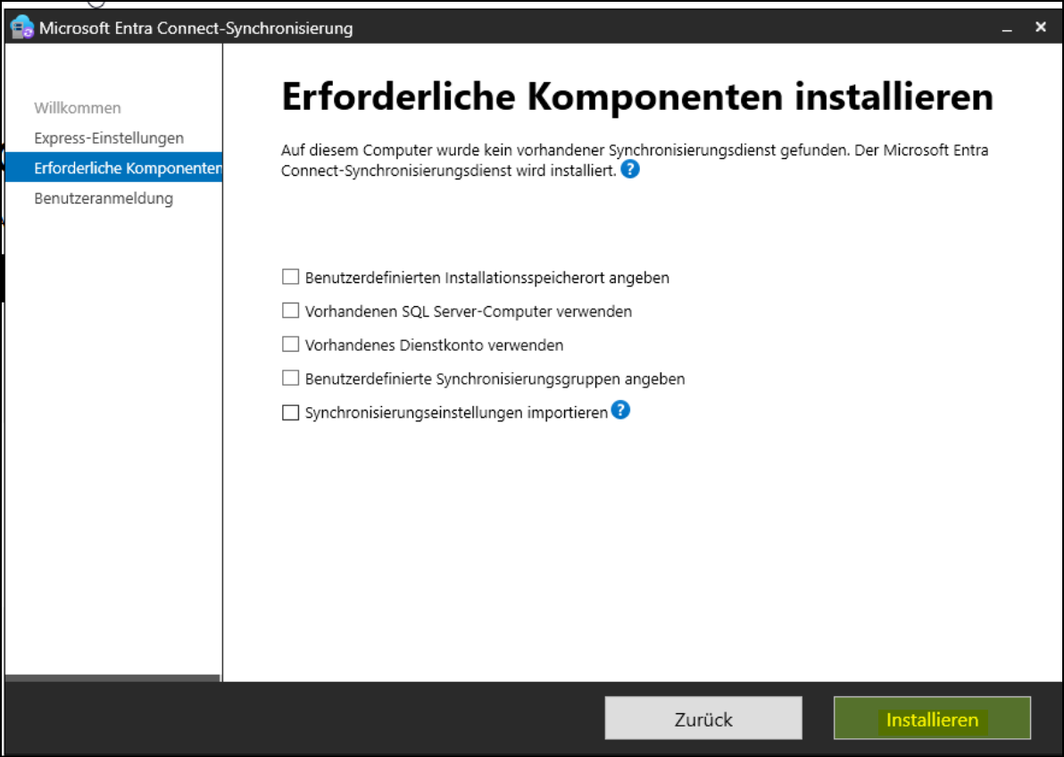 Programm "Microsoft Entra Connect-Synchronisierung" / Seite "Erforderliche Komponenten installieren"