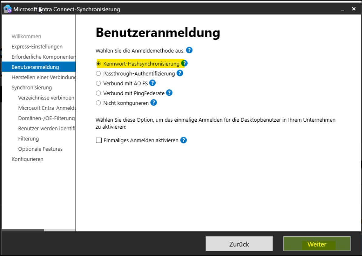 Programm "Microsoft Entra Connect-Synchronisierung" / Seite "Benutzeranmeldung"