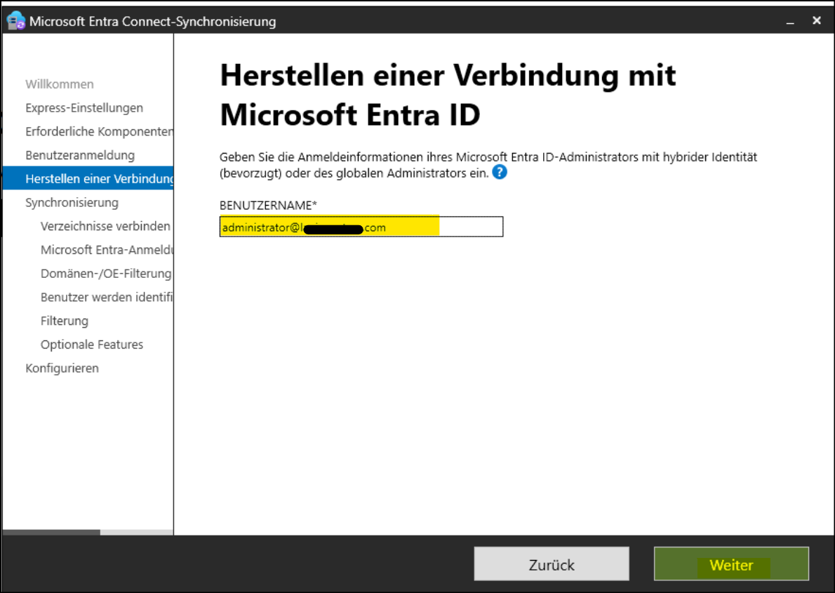 Programm "Microsoft Entra Connect-Synchronisierung" / Seite "Herstellen einer Verbindung mit Microsoft Entra ID""