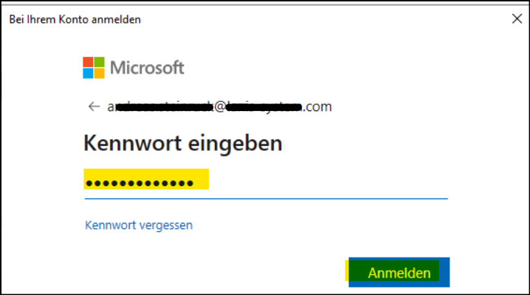 Fenster "Bei Ihrem Konto anmelden" / "Kennwort eingeben"