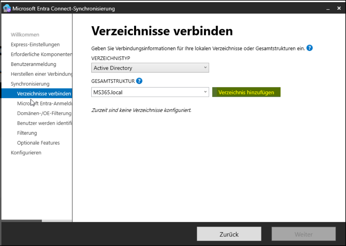 Programm "Microsoft Entra Connect-Synchronisierung" / Seite "Verzeichnisse verbinden"