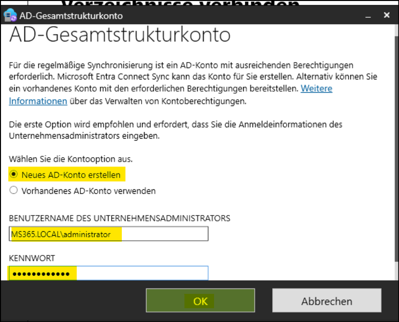 Programm "Microsoft Entra Connect-Synchronisierung" / Seite "AD-Gesamtstrukurkonto"