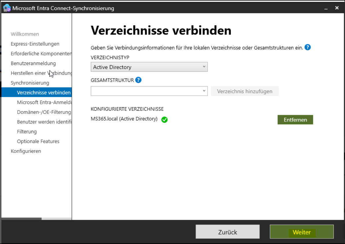 Programm "Microsoft Entra Connect-Synchronisierung" / Seite "Verzeichnisse verbinden"