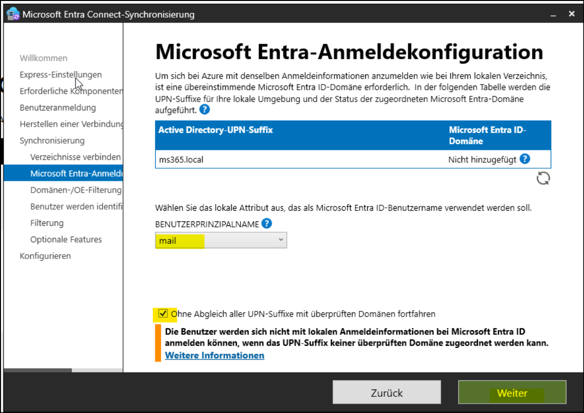 Programm "Microsoft Entra Connect-Synchronisierung" / Seite "Microsoft Entra-Anmeldekonfiguration"