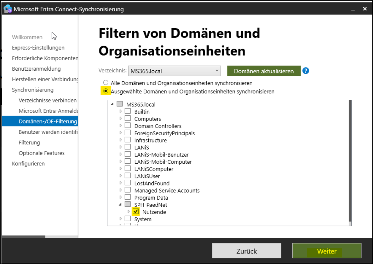 Programm "Microsoft Entra Connect-Synchronisierung" / Seite ""Filtern von Domänen und Organisationseinheiten"