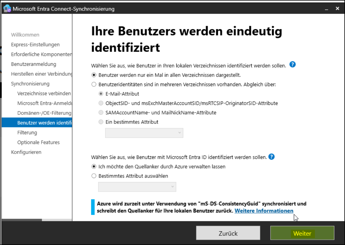 Programm "Microsoft Entra Connect-Synchronisierung" / Seite "Ihre Benutzer werden eindeutig identifiziert"