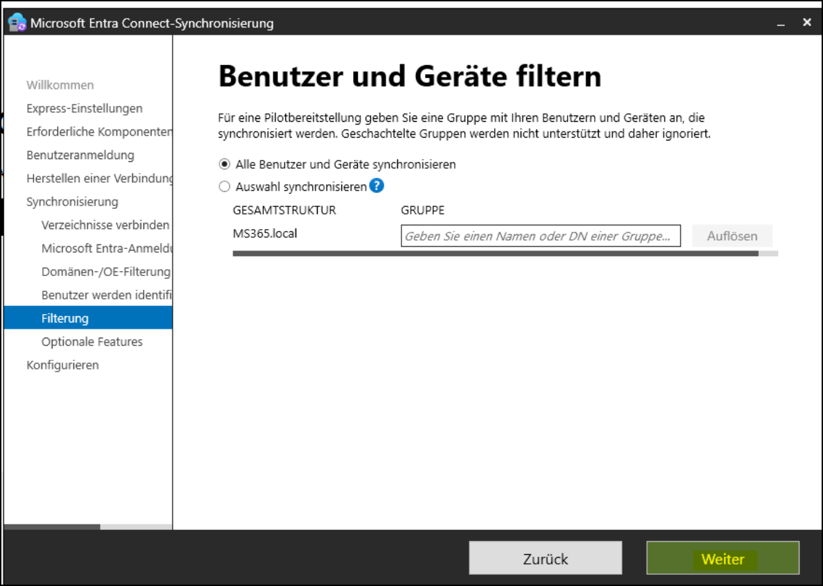 Programm "Microsoft Entra Connect-Synchronisierung" / Seite "Benutzer und Geräte filtern"