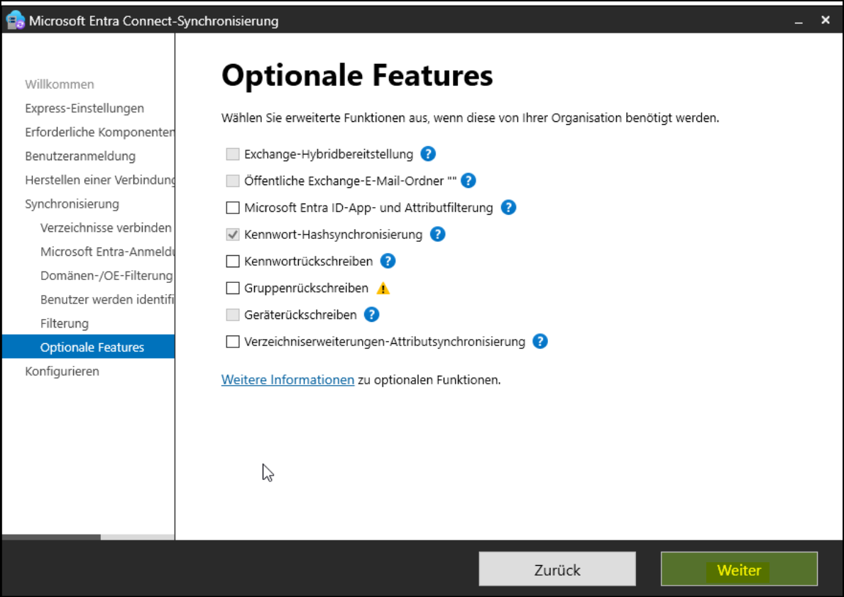 Programm "Microsoft Entra Connect-Synchronisierung" / Seite "Optinale Features"