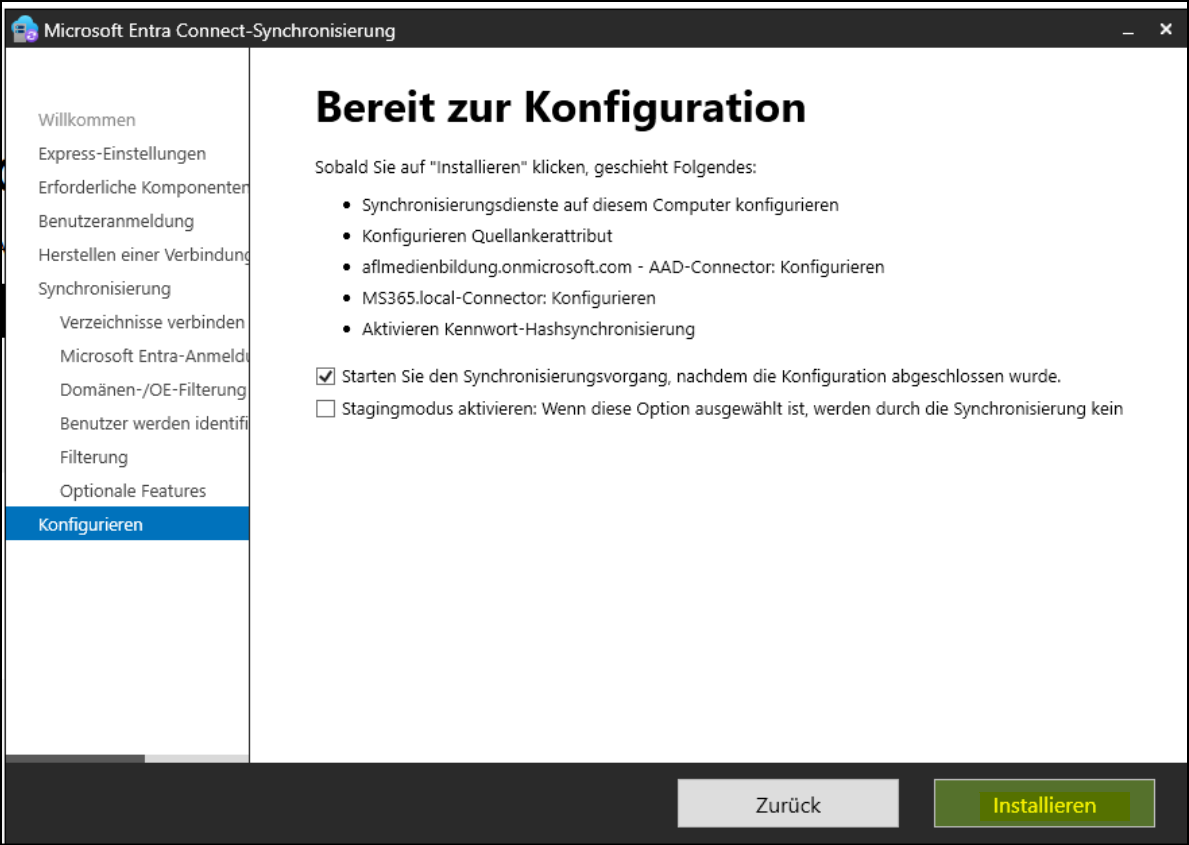 Programm "Microsoft Entra Connect-Synchronisierung" / Seite "Bereit zur Konfiguration"