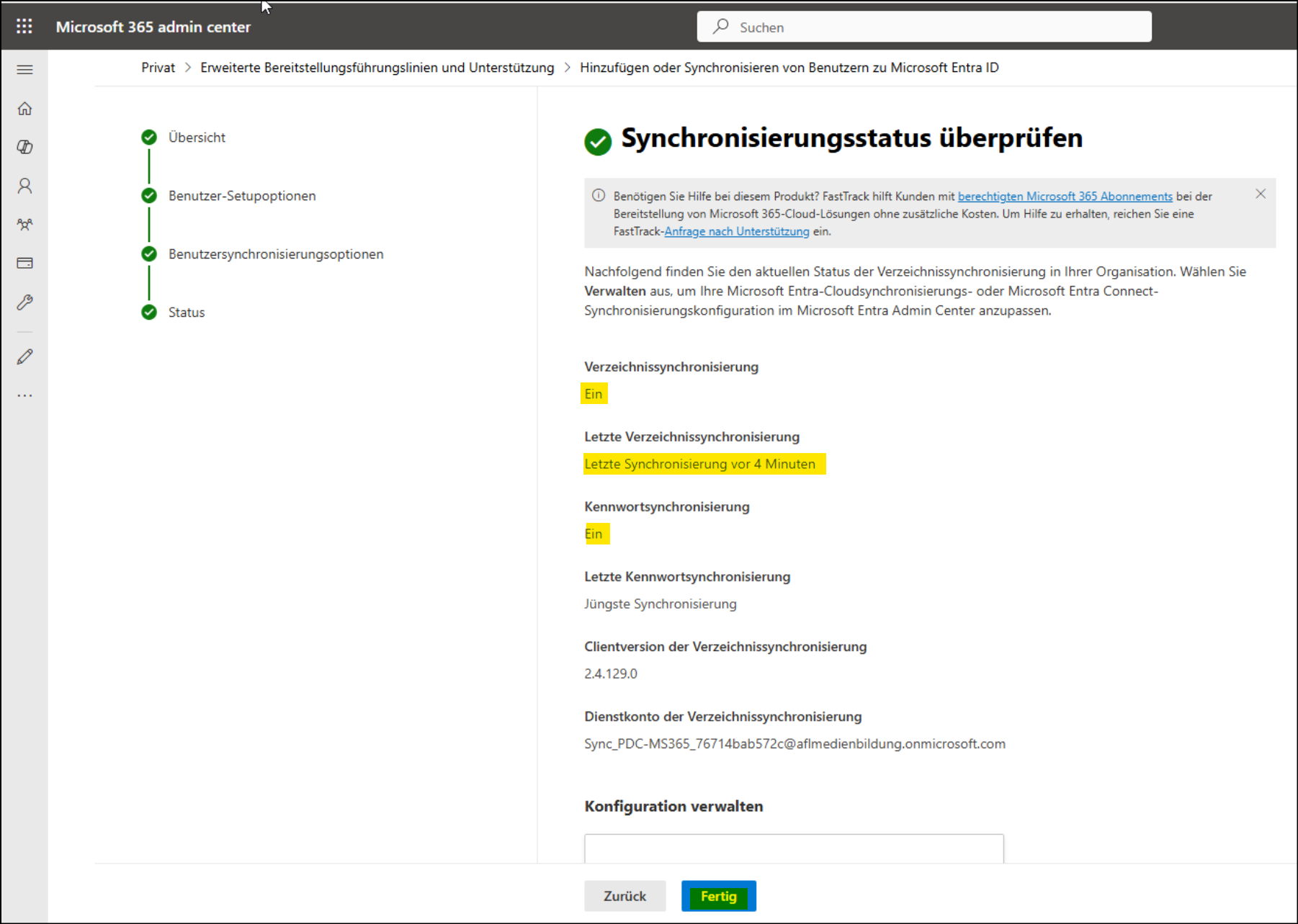 Seite "Synchronisierungsstatus überprüfen"