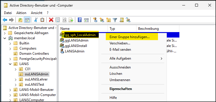 Active Directory => Einer Gruppe hinzufügen...