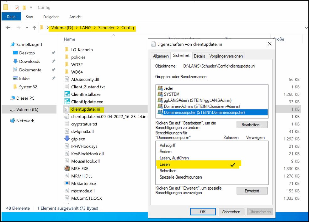 Windows Explorer => Rechte auf clientupdate.ini