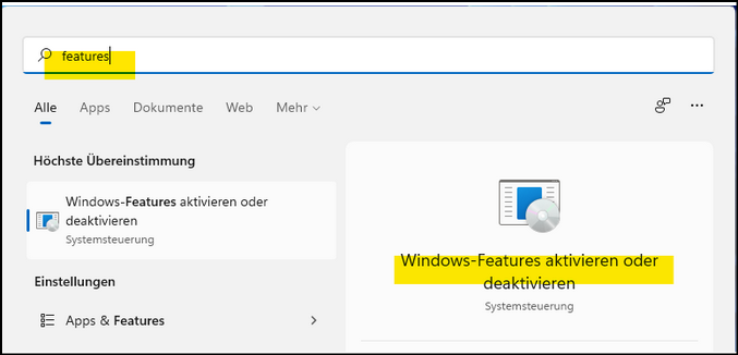 Windows Features installieren oder entfernen