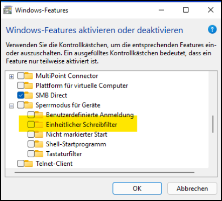 Windows-Features => "Einheitlicher Schreibfilter" deaktivieren