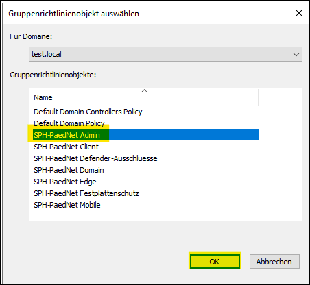 Gruppenrichtlinie "SPH-PaedNet Admin" auswählen