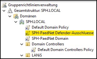 Gruppenrichtlinie "SPH-PaedNet Defender-Ausschlüsse" innerhalb der Gruppenrichtlinienverwaltung
