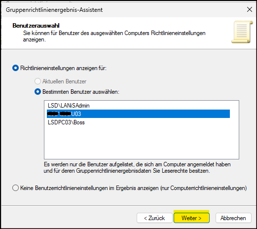 Fenster "Benutzerauswahl"