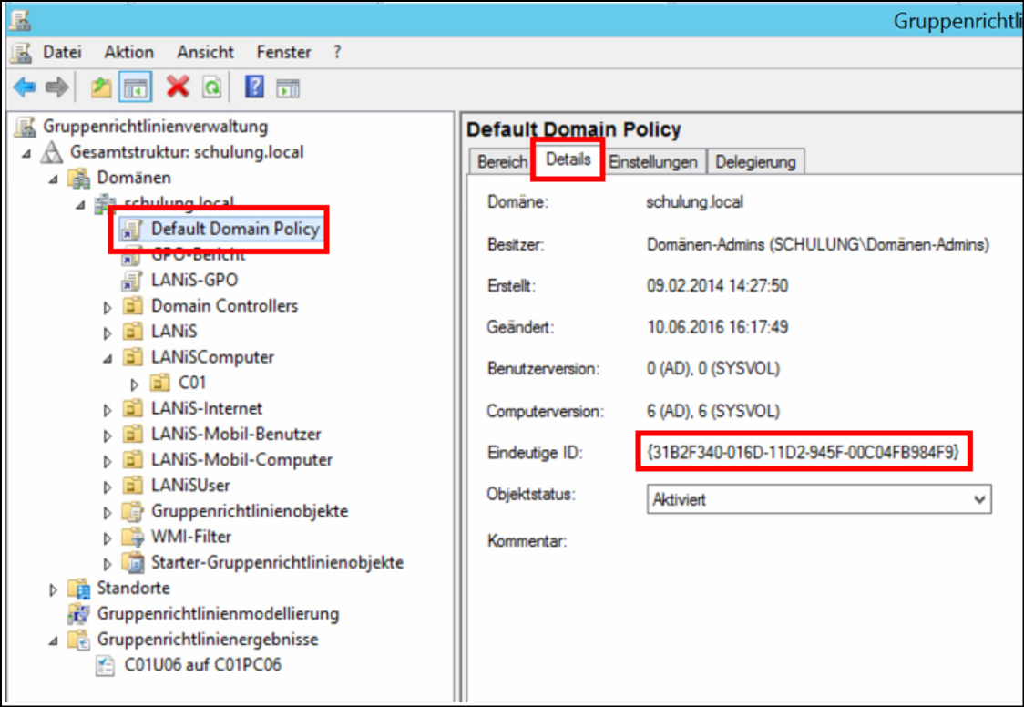 ID der Default Domain Policy