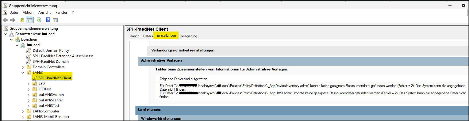 Fehler in den Einstellungen der Gruppenrichtlinie "SPH-PaedNet Client"