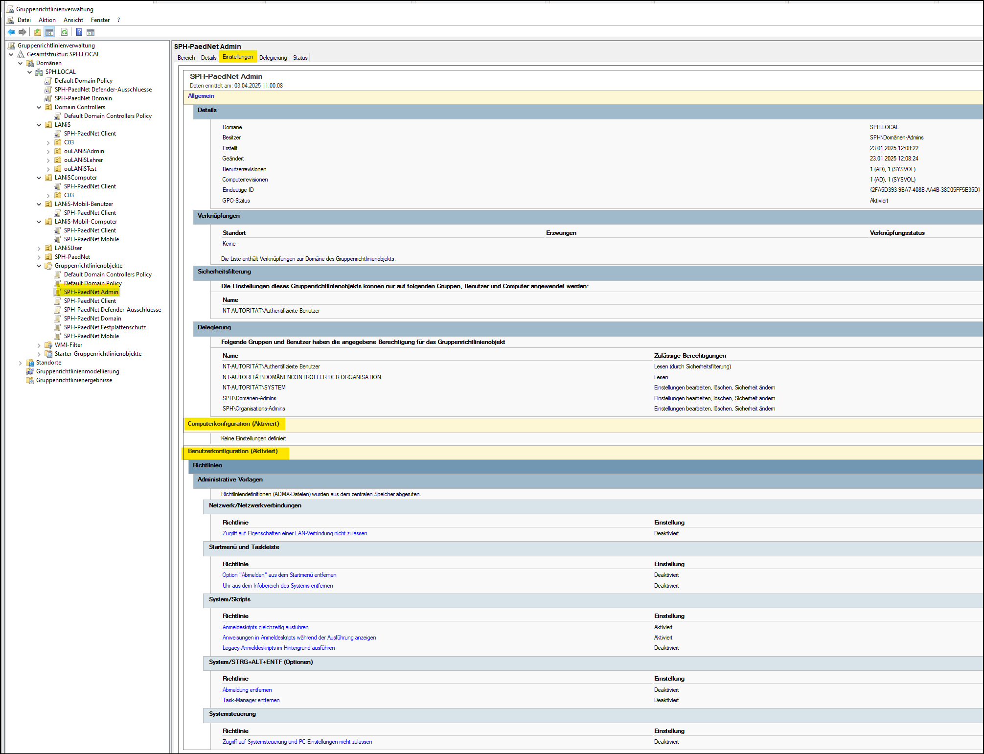 Einstellungen der Gruppenrichtlinie "SPH-PaedNet Admin"