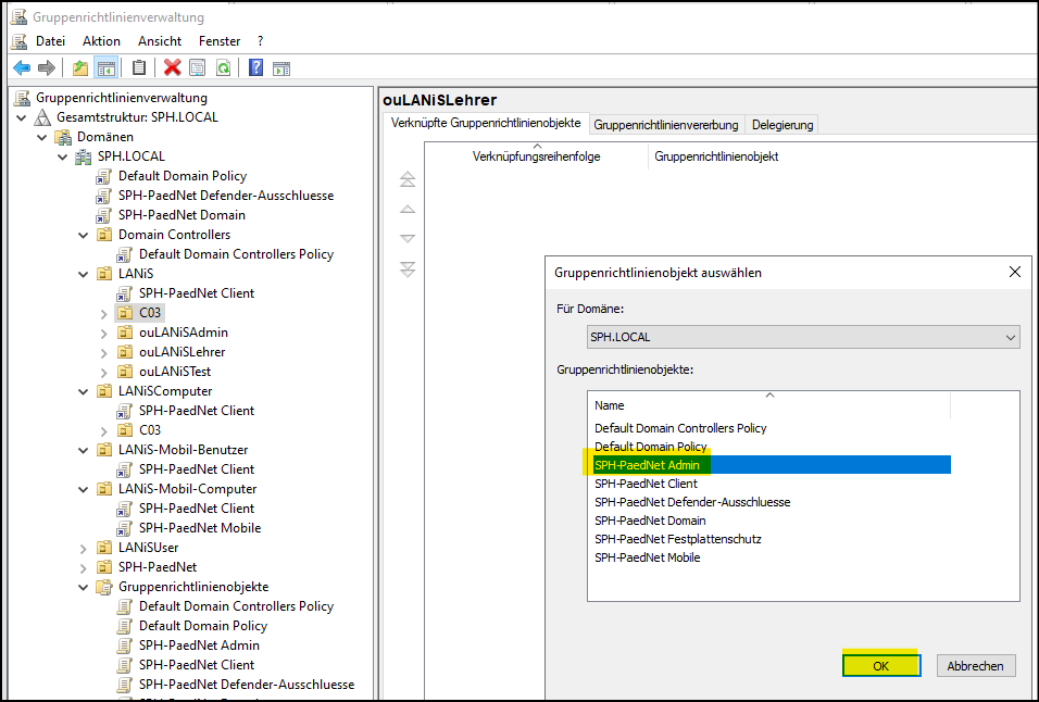 Zuweisung der Gruppenrichtlinie "SPH-PaedNet Admin"