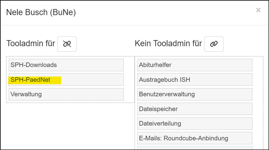 Tooladminrechte für "SPH-PaedNet" bei User Nele.Busch